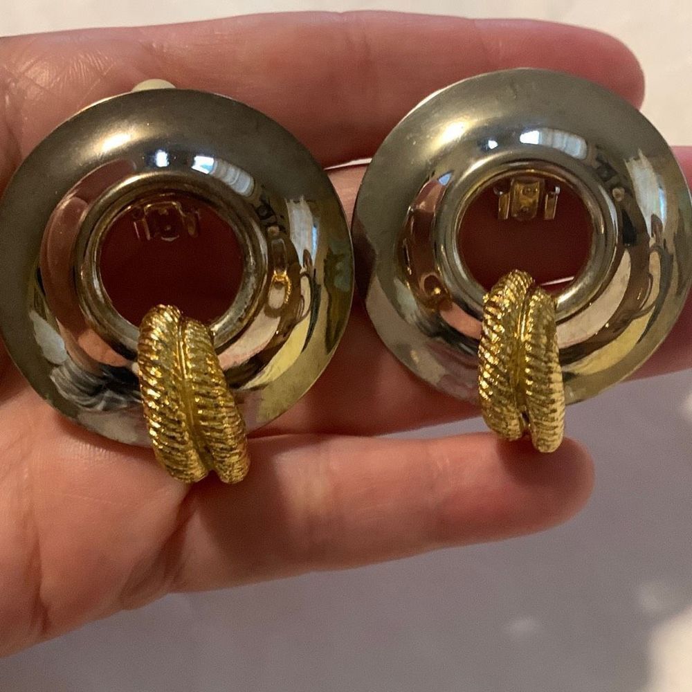 Vintage Large Silver And Gold‎ Tone Geometric Statement Clip On Earrings